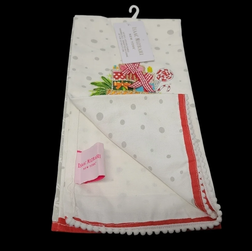 x2 Isaac Mizrahi Embellished 3D Christmas Red Truck Kitchen Towel Set New
